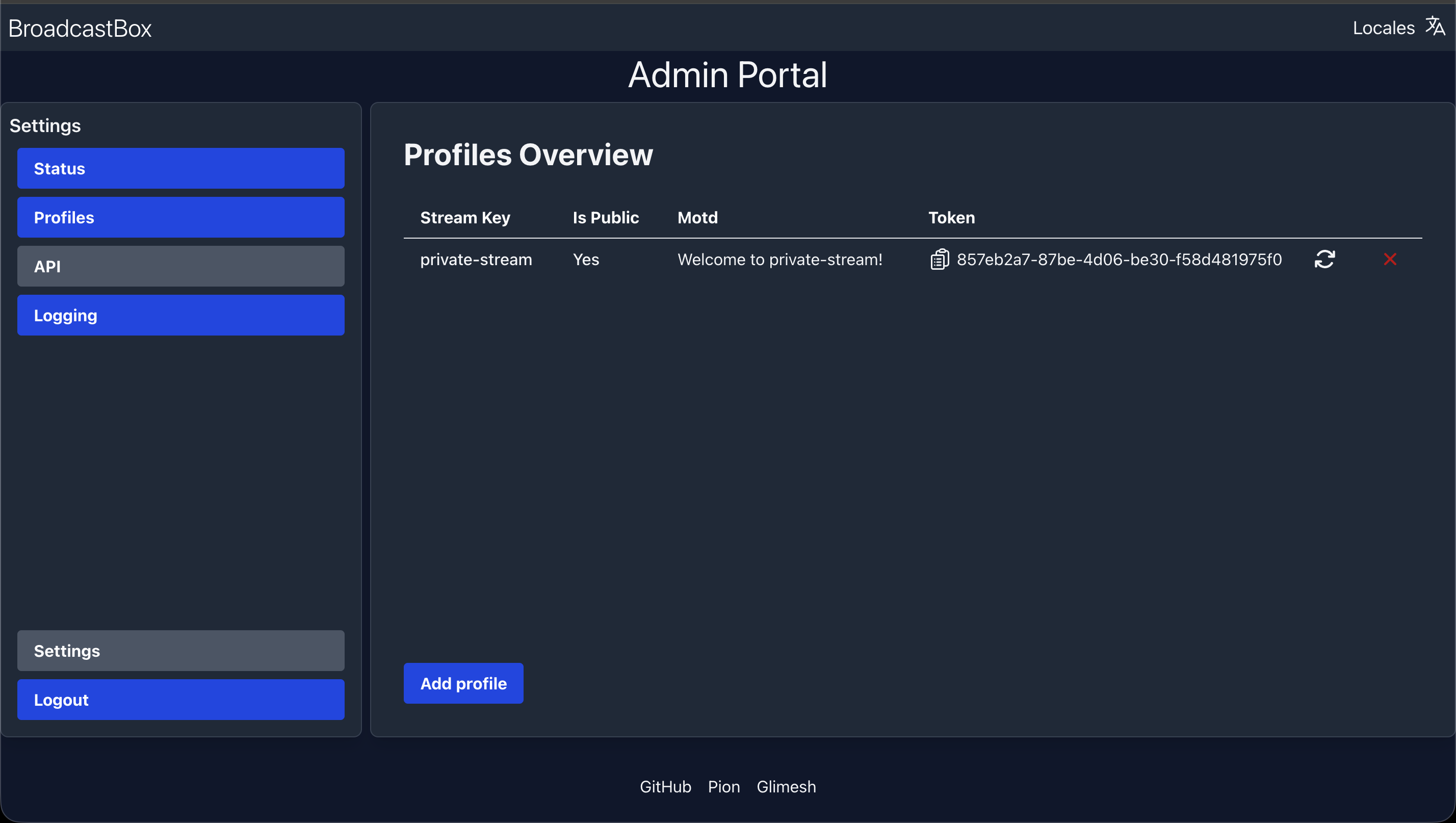 Broadcast Box admin portal