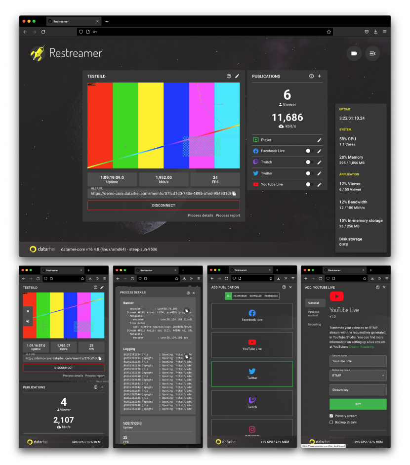 Restreamer web UI dashboard