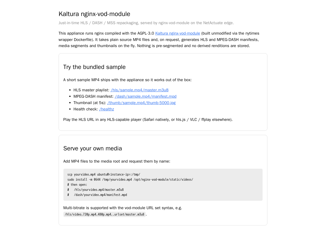 nginx-vod-module appliance landing page (ready-to-play HLS/DASH links)