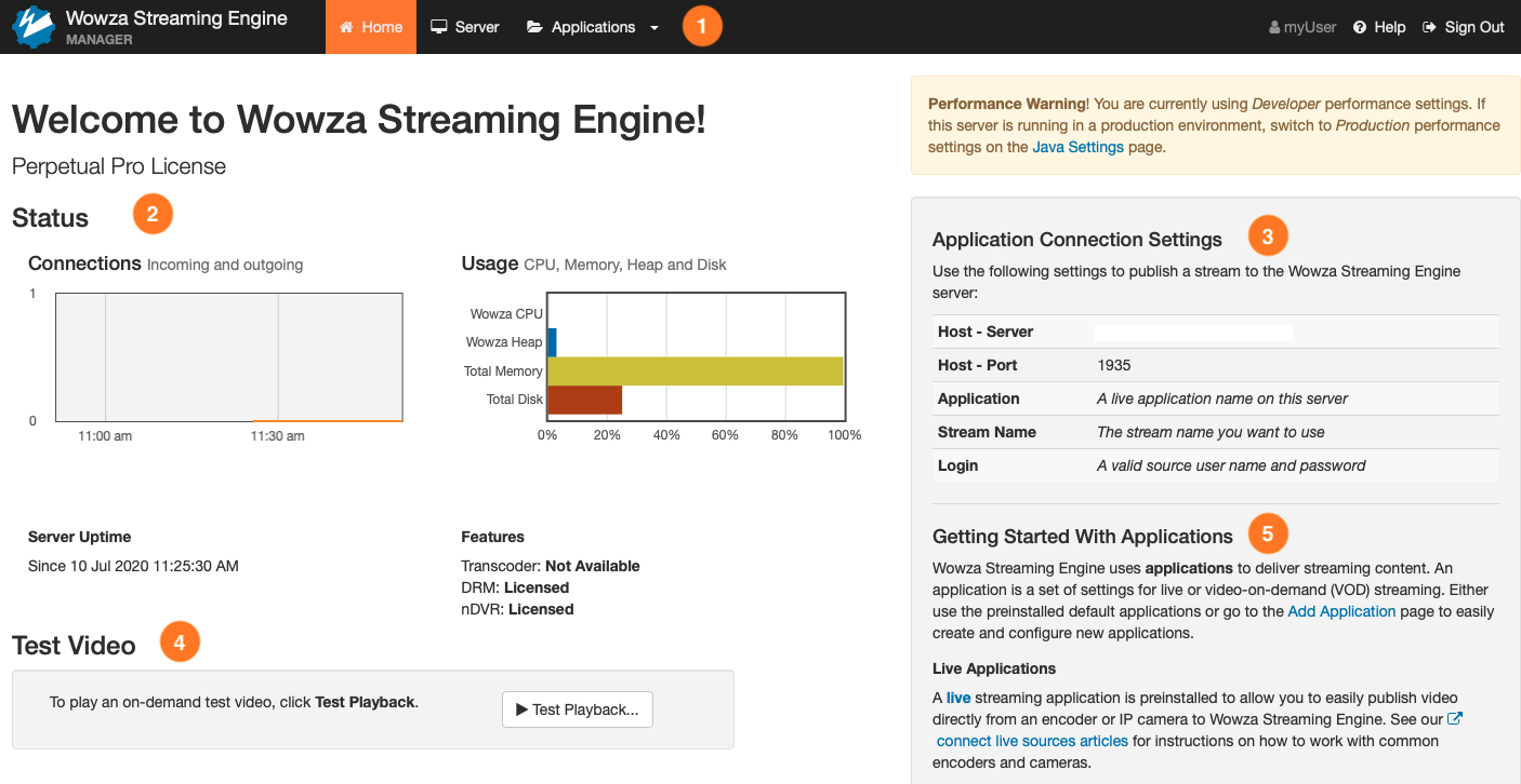 Wowza Streaming Engine Manager home dashboard